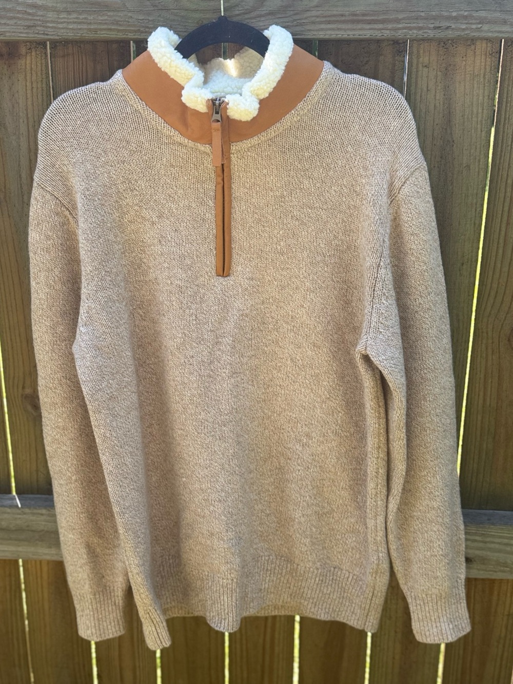 Orvis Lambswool Tan Pullover with Sherpa and Leather High Collar.Size M